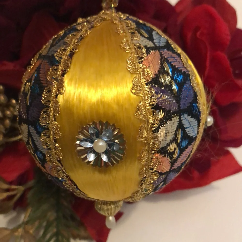 Gold Silk Ball Ornament Yellow Silk beaded ornament mid century Christmas